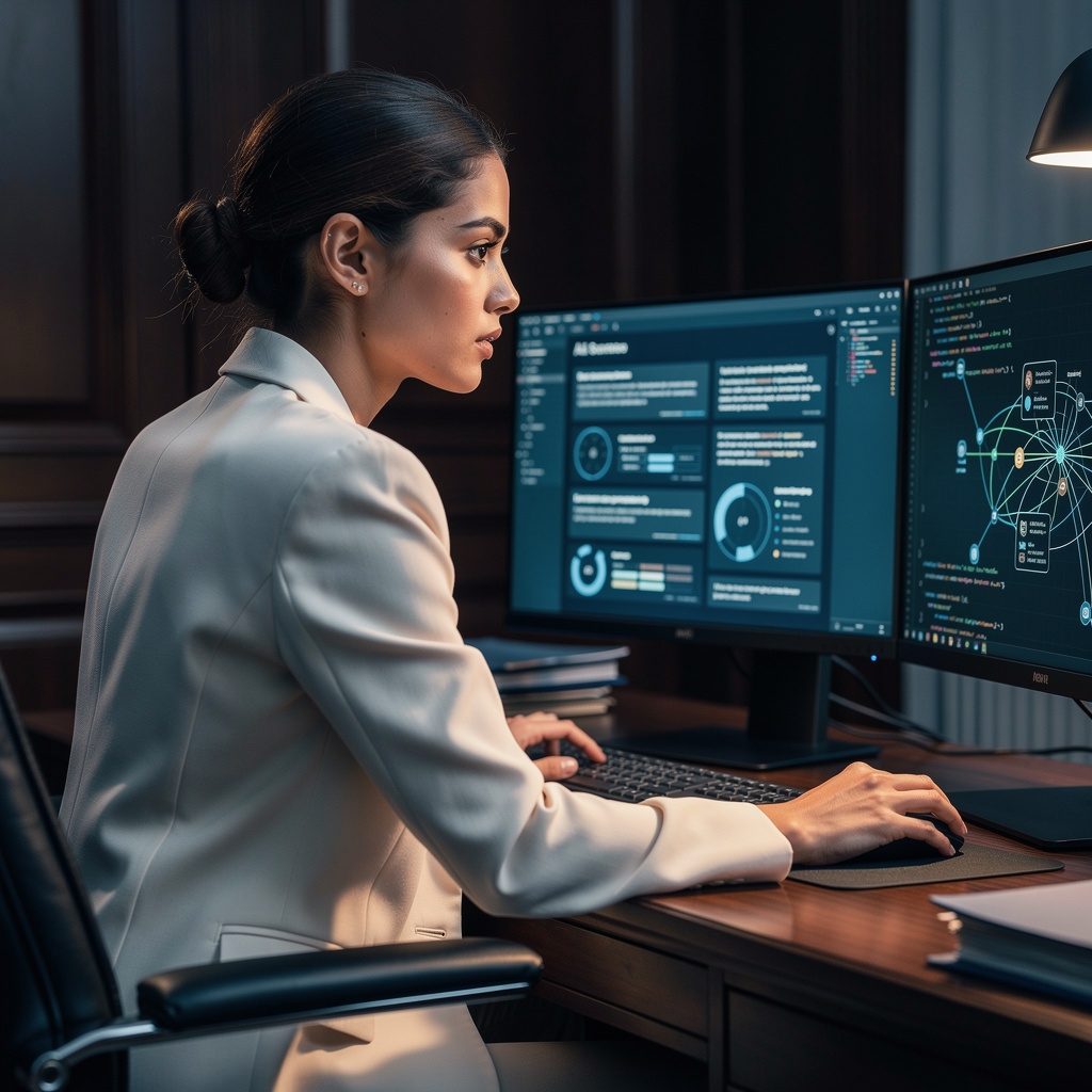 Profesional trabajando con interfaces de inteligencia artificial en espacio de trabajo moderno