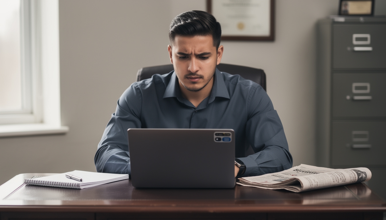 Persona joven evaluando múltiples fuentes de información en entorno de trabajo enfocado