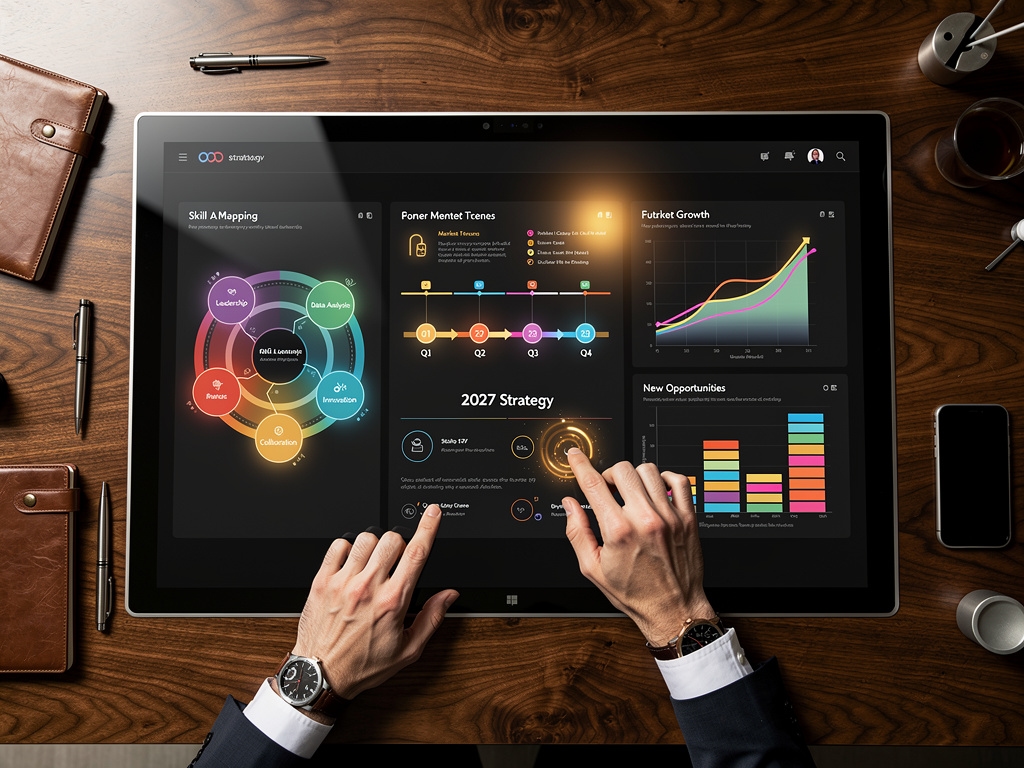 Persona analizando mapas de habilidades del futuro en pantalla grande