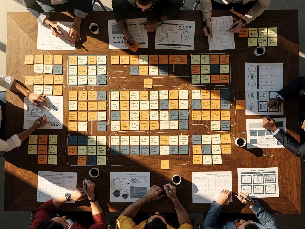 Profesionales colaborando en mapeo de sistemas en pizarrón grande con post-its